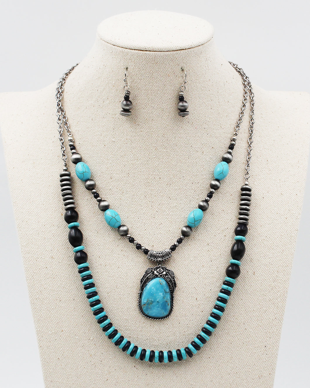 Turquoise Beaded Double Layered Necklace Set
