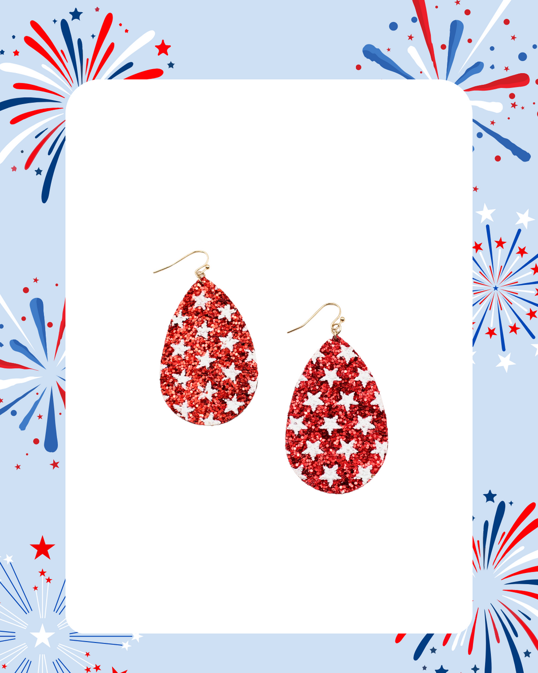 Red & White Star Glitter Patriotic Teardrop Earrings