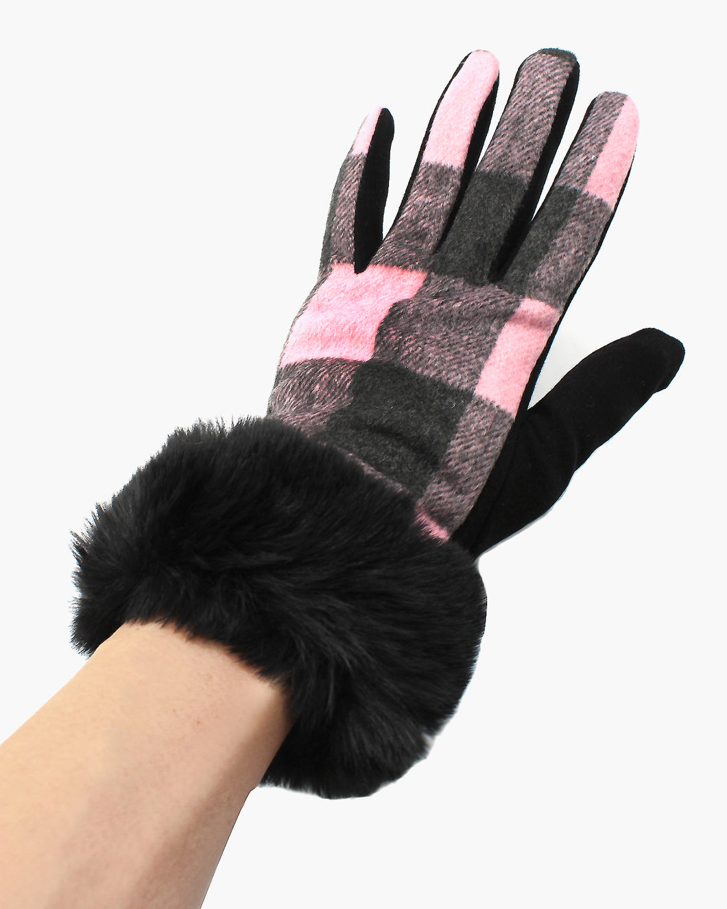 Faux Fur Wrist Plaid Print Winter Gloves