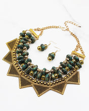 Load image into Gallery viewer, Patina Beaded Bib Necklace with Antique Gold Metal
