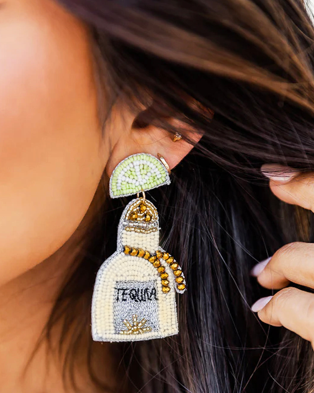 Tequila Bottle Beaded Earrings with Lime Slice