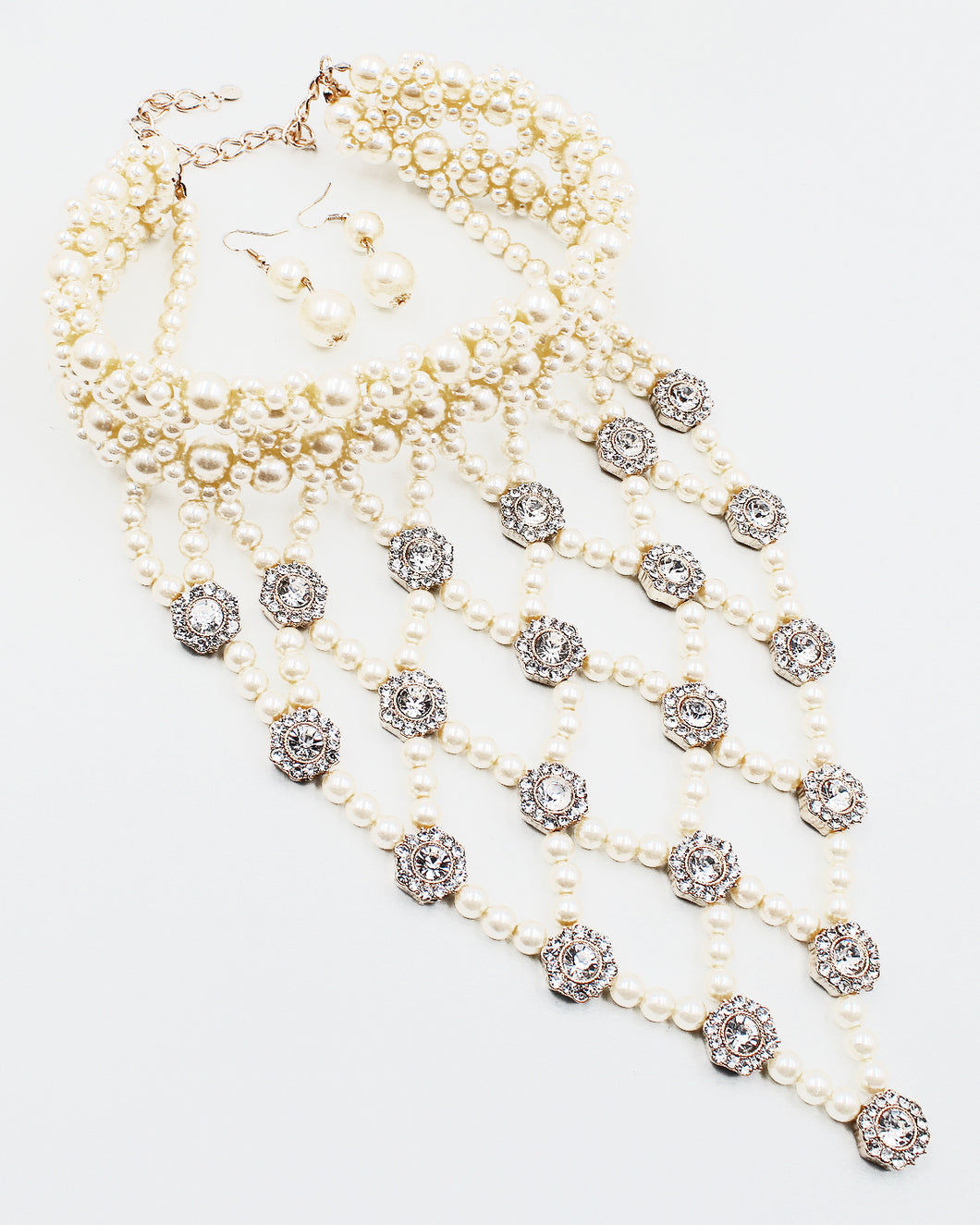 Pearl Beaded Bib Necklace with Crystal Stones