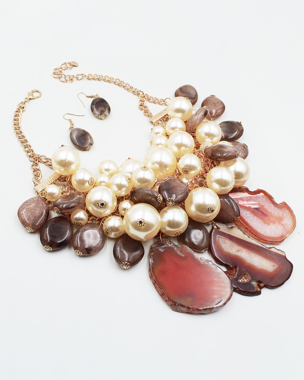 Natural Agate Stone & Pearl Beaded Statement Necklace Set