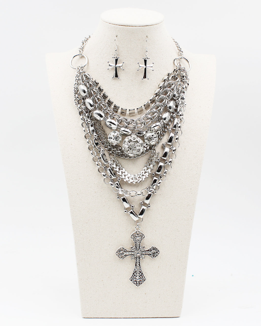 Hollow Crystal Ball & Cross Charm Necklace Set