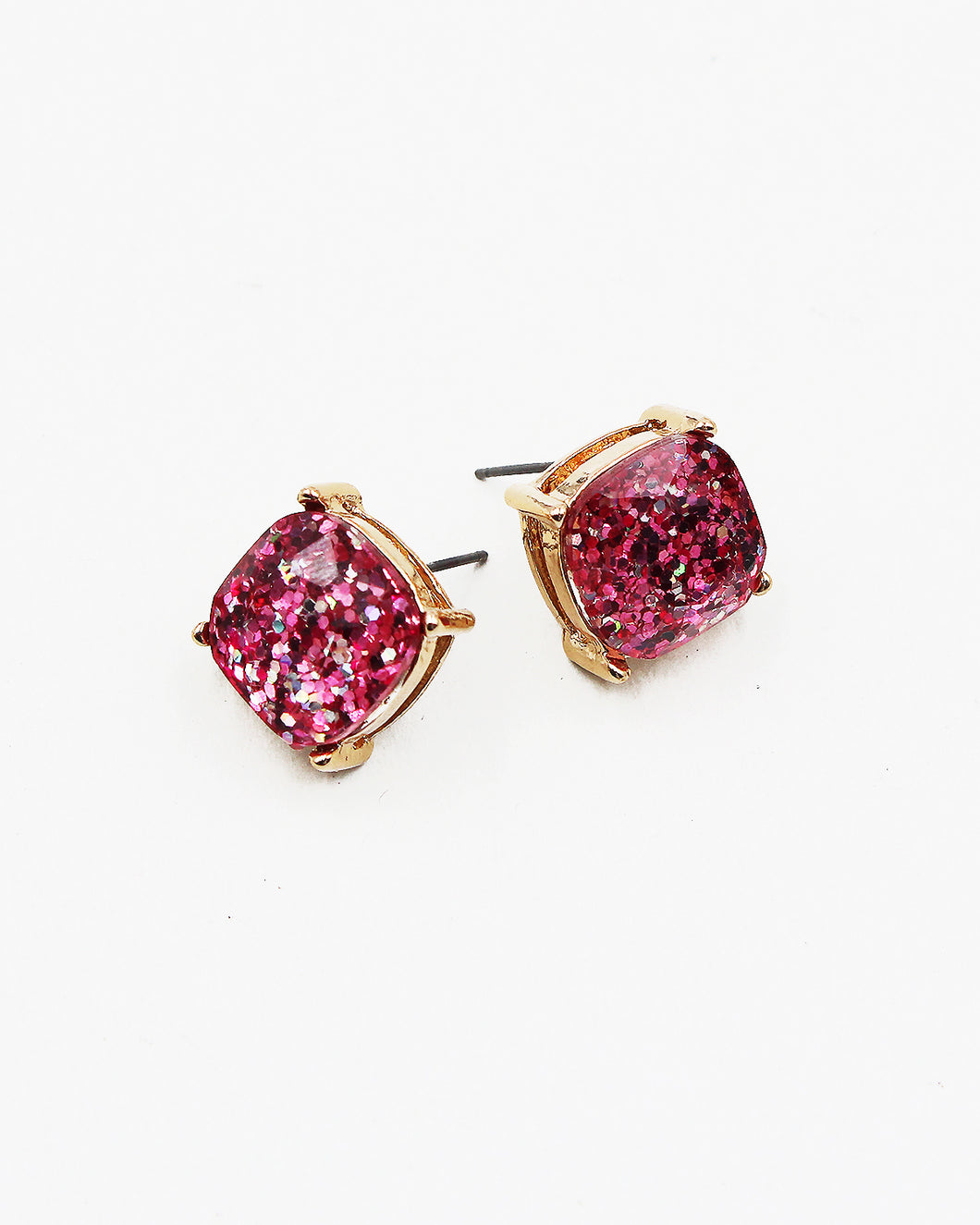 Pink Glitter Square Stone Stud Earrings