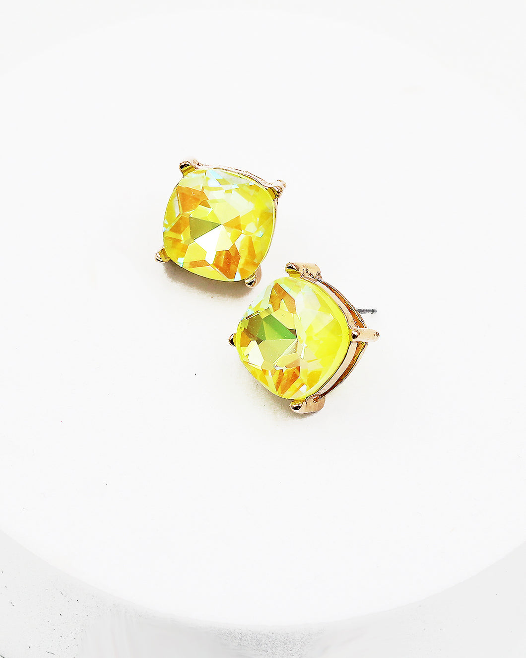 Neon Yellow Square Stone Stud Earrings