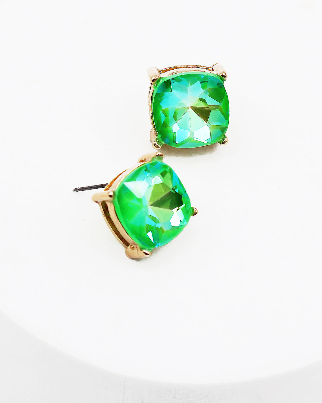 Neon Green Square Stone Stud Earrings