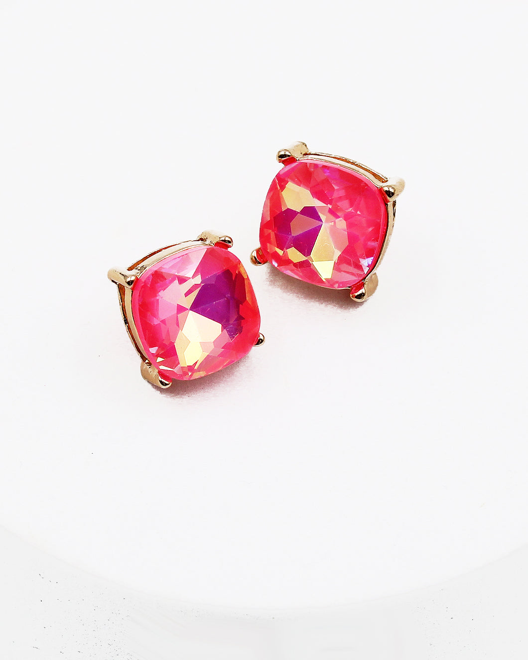 Neon Pink Square Stone Stud Earrings