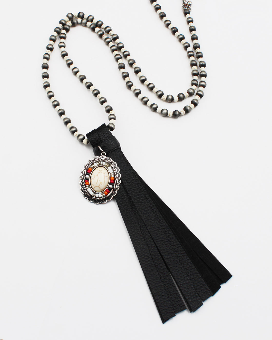 Suede Fringe Concho Charm Long Necklace
