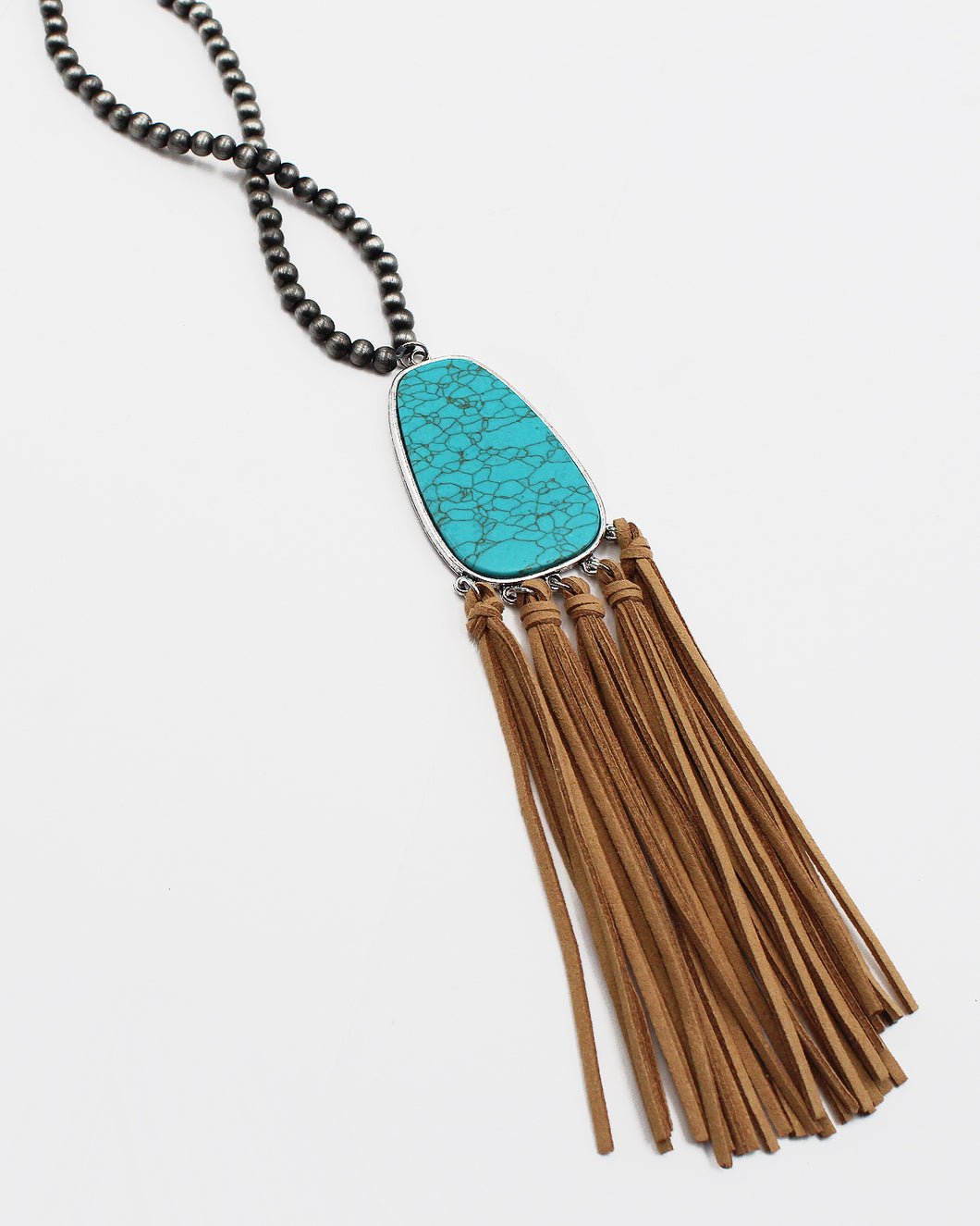 Turquoise Stone Long Necklace with Suede Fringe