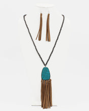 Load image into Gallery viewer, Turquoise Stone Long Necklace with Suede Fringe
