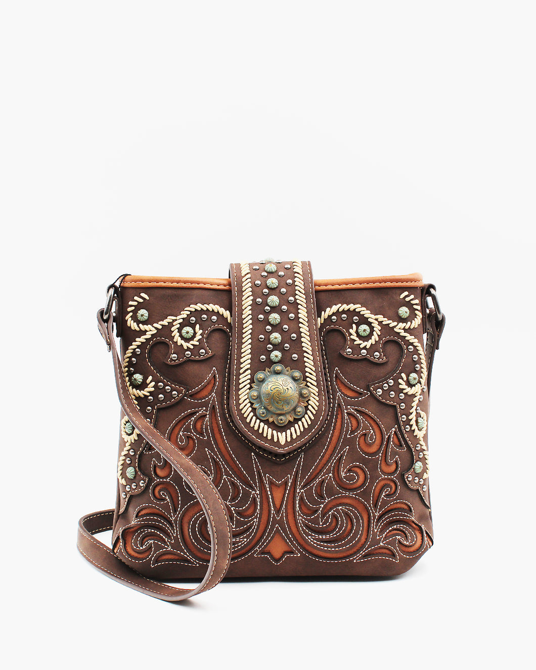 Embroidered Cut-Out Boot Scroll Concho Crossbody