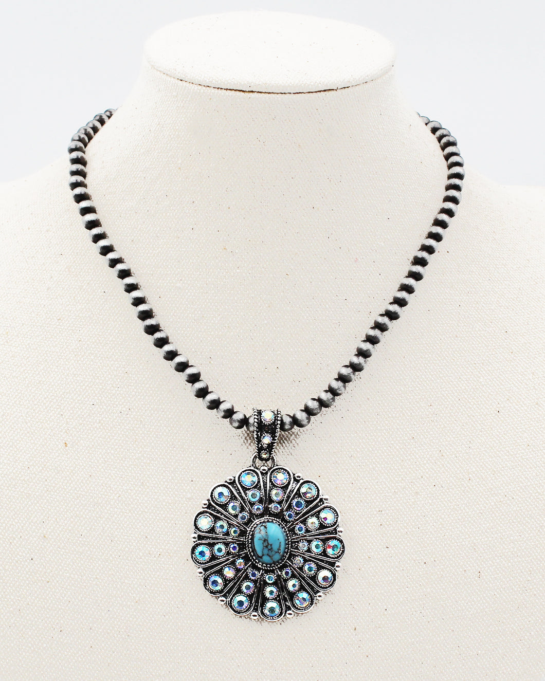 Navajo Pearl Chain Pendant Necklace with Turquoise Center