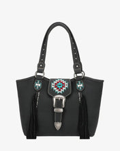 Load image into Gallery viewer, Embroidered Aztec Leather Fringe Buckle Tote
