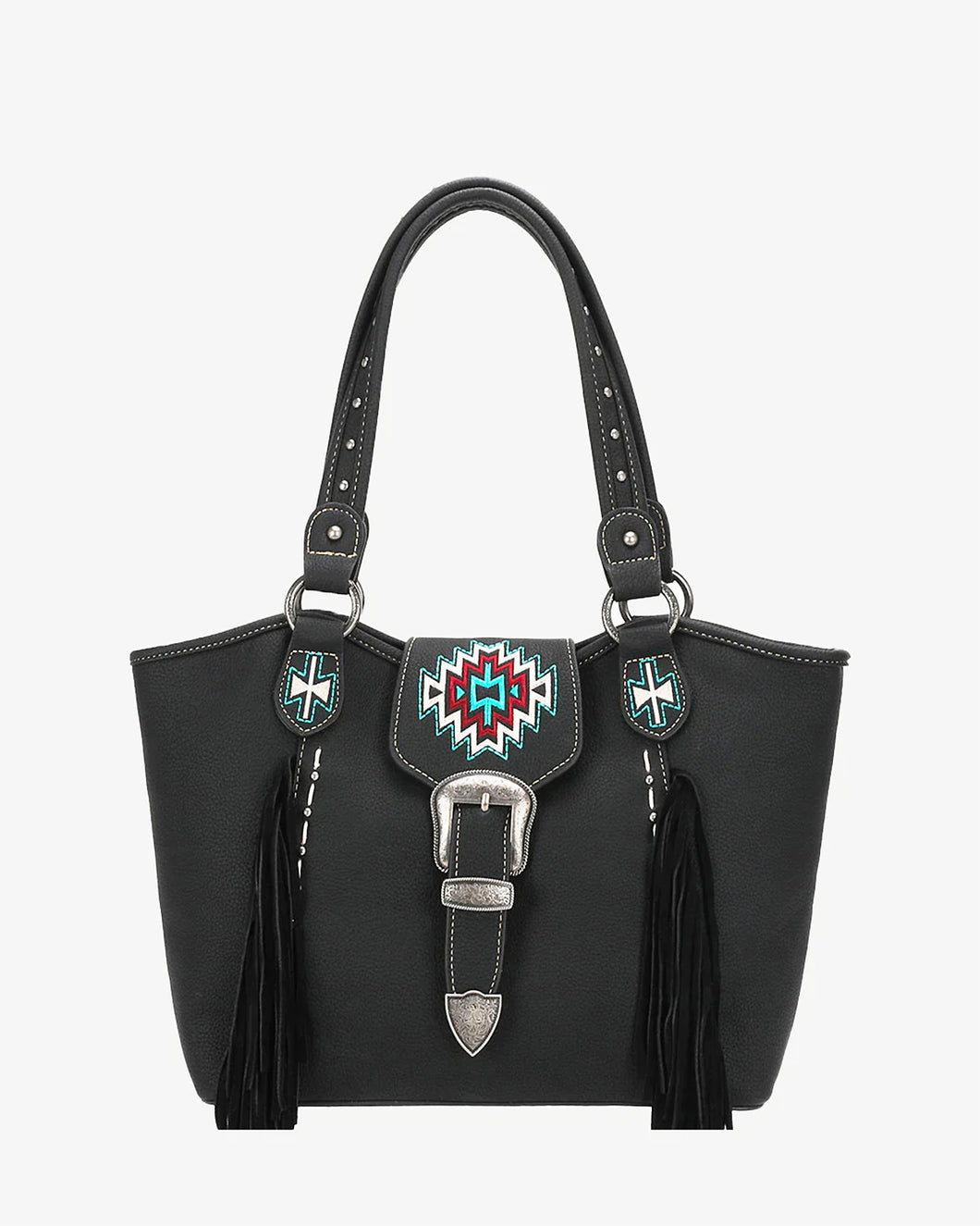 Embroidered Aztec Leather Fringe Buckle Tote