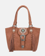 Load image into Gallery viewer, Embroidered Aztec Leather Fringe Buckle Tote
