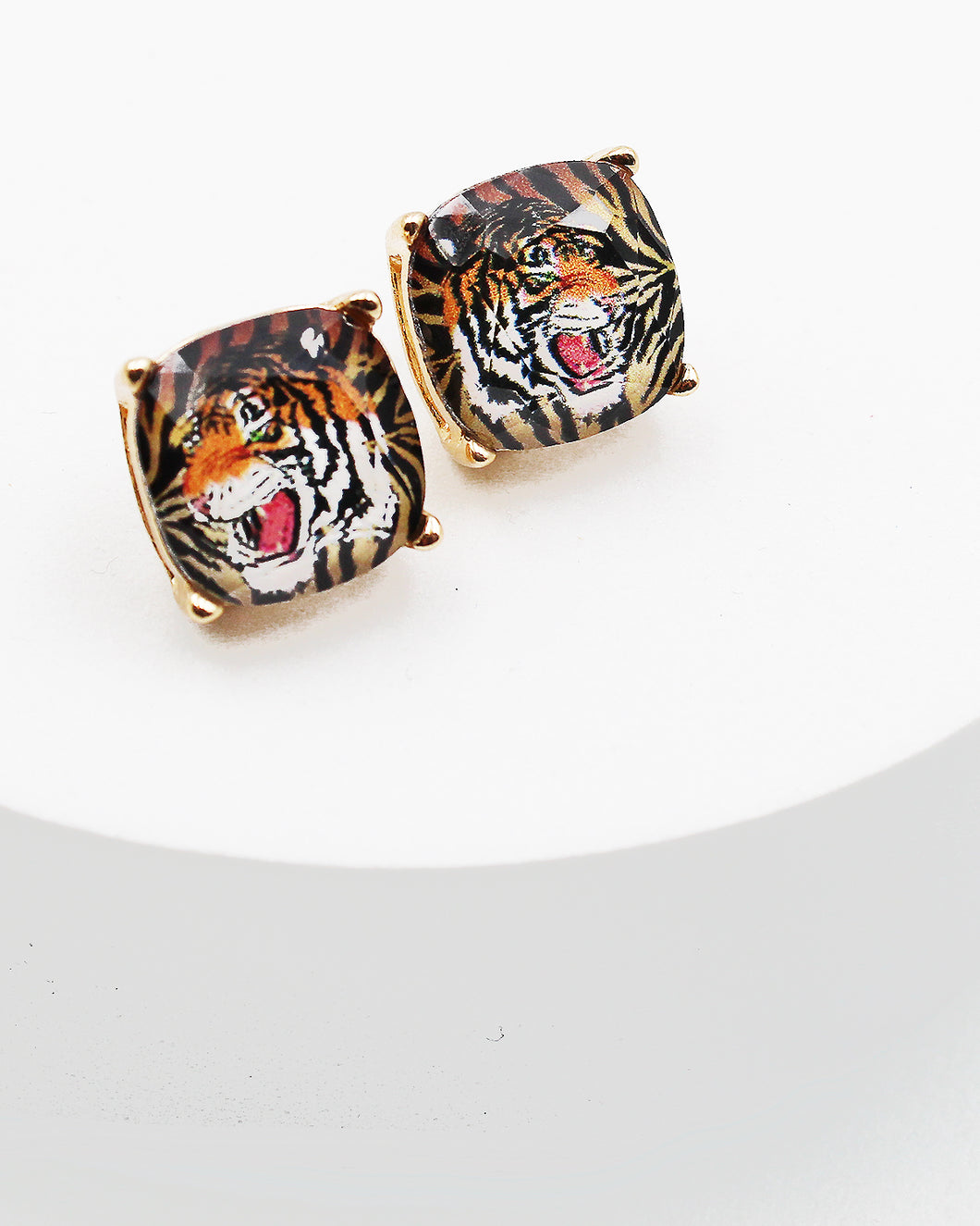 Tiger Print Faceted Square Stud Earrings