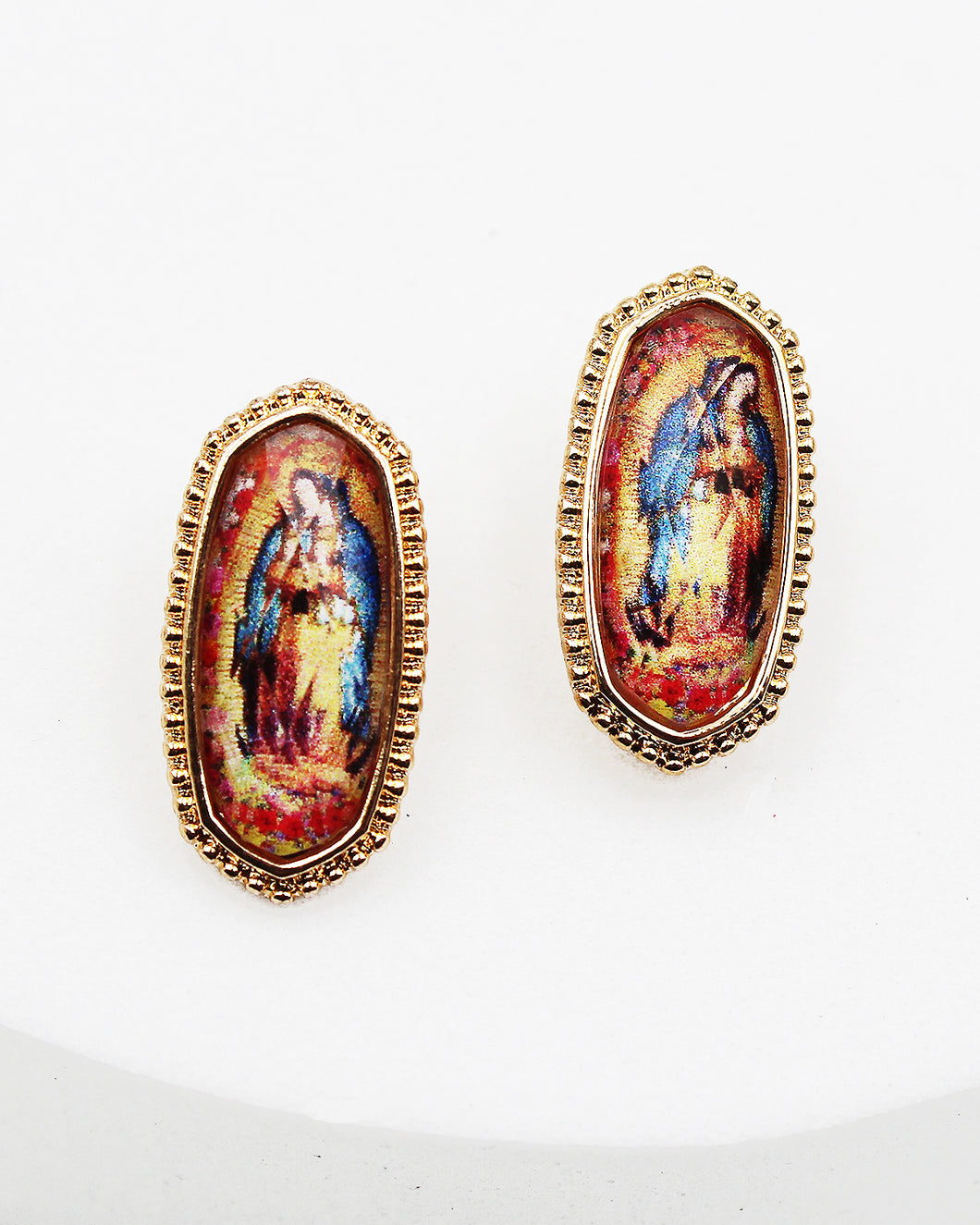 Virgin Mary Print Faceted Stud Earrings