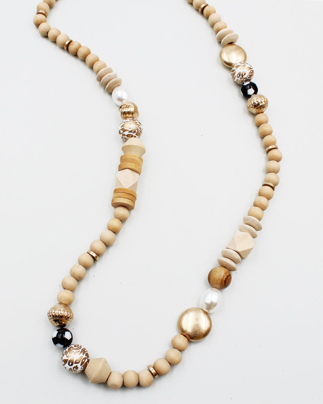 Wood Beaded Long Necklace with Accent Beads