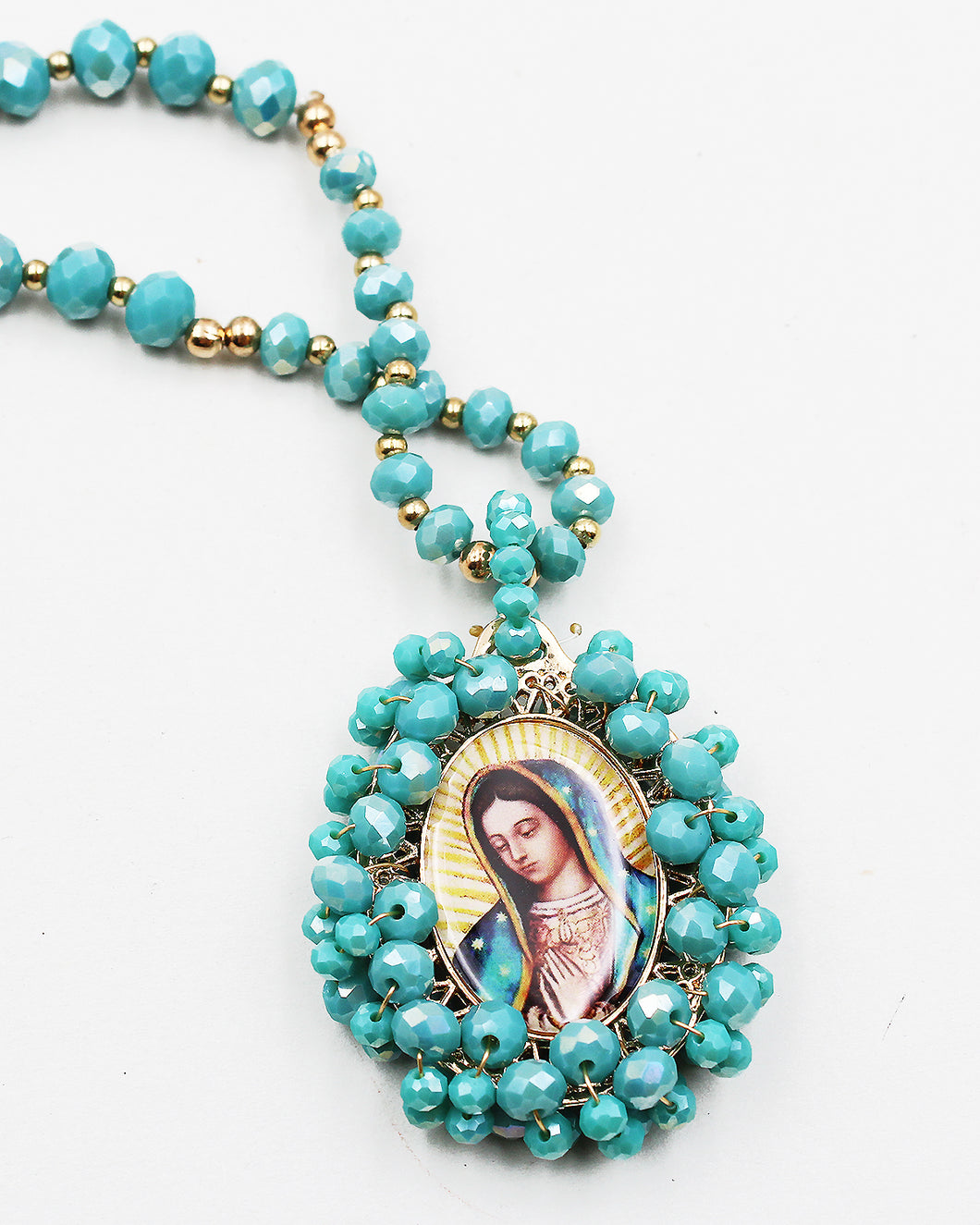 Cross & Virgin Mary Print Crystal Long Beaded Necklace
