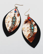 Load image into Gallery viewer, Cow Hide Leather Earrings with Metal Feather
