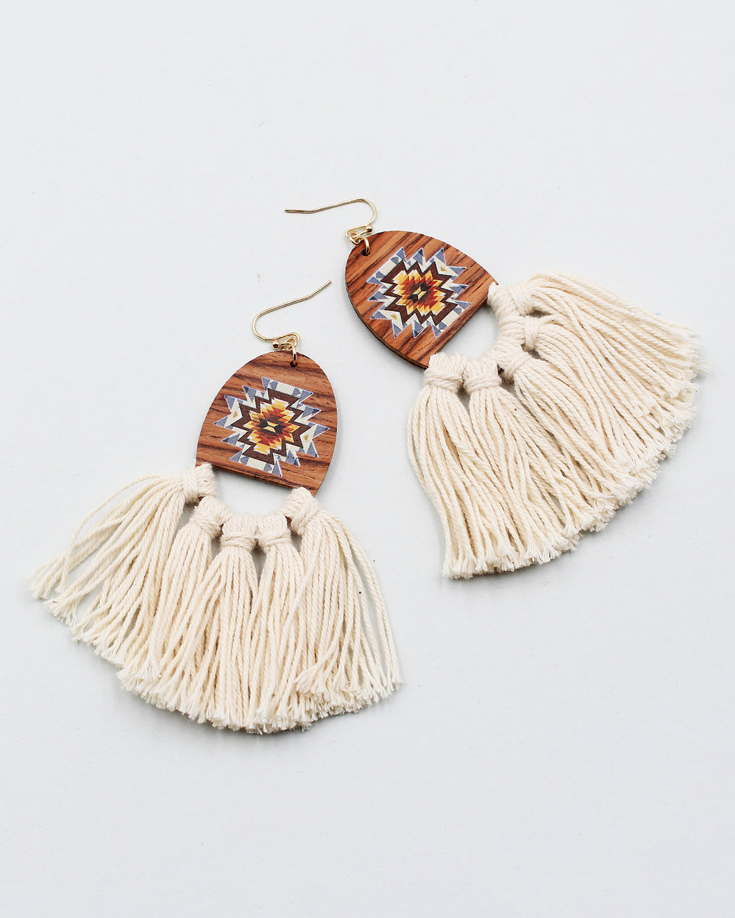 Western Wood Top Earrings with Cotton Fringe