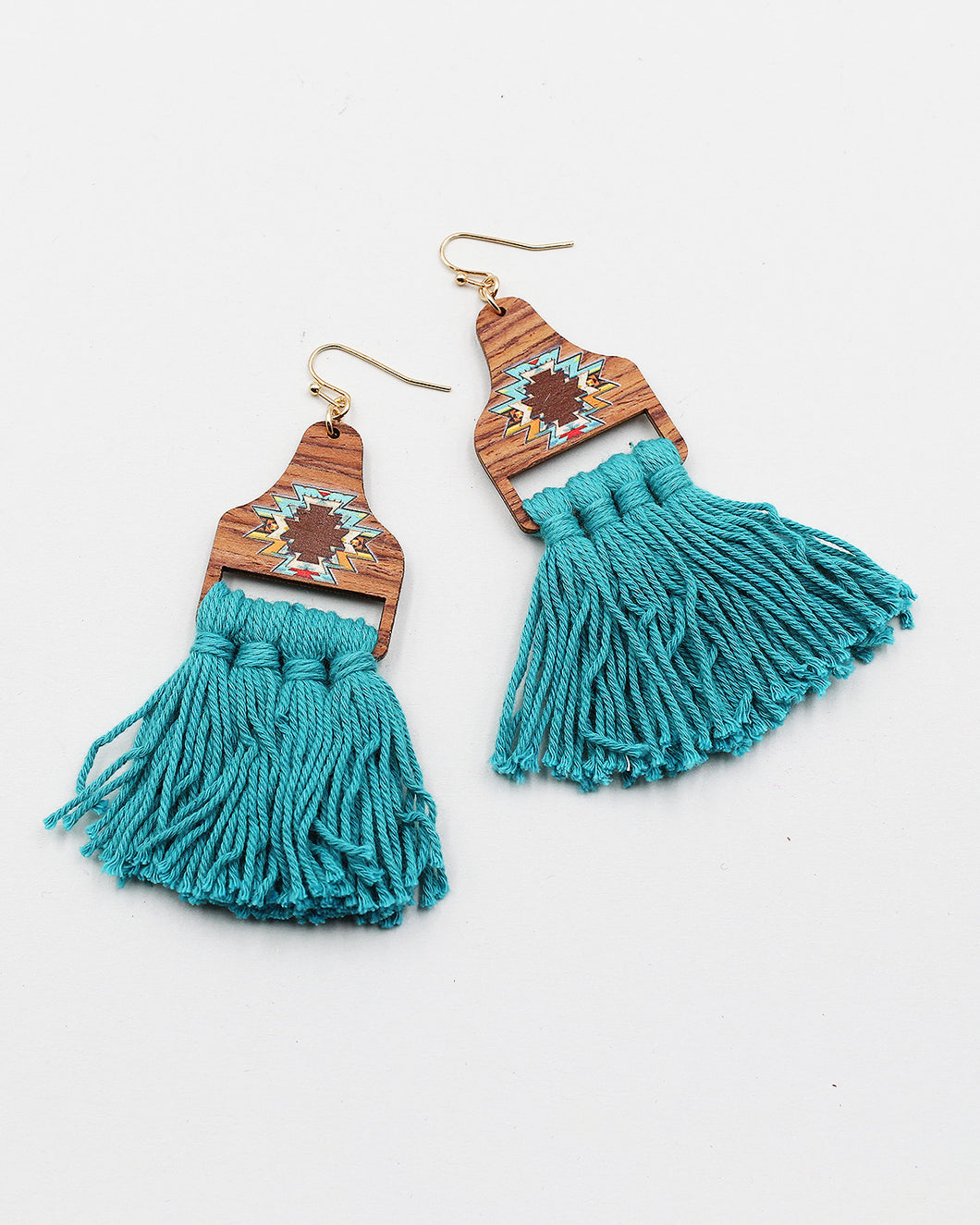Western Wood Top Earrings with Cotton Fringe