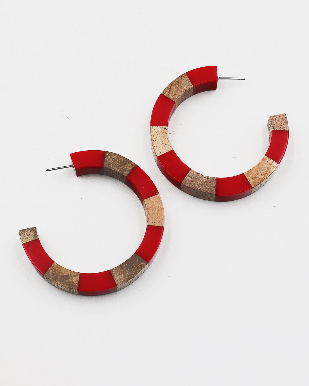 Wood & Acrylic Block Open Hoop Earrings