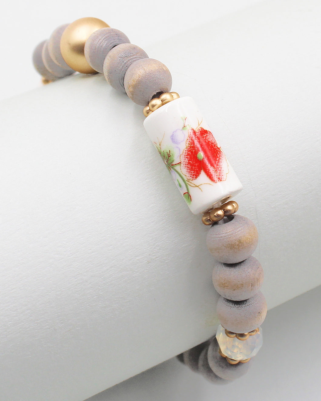 Wood Beaded Bracelet with Ceramic Accent