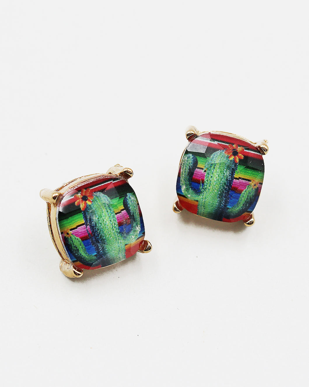 Cactus Faceted Stone Square Stud Earrings