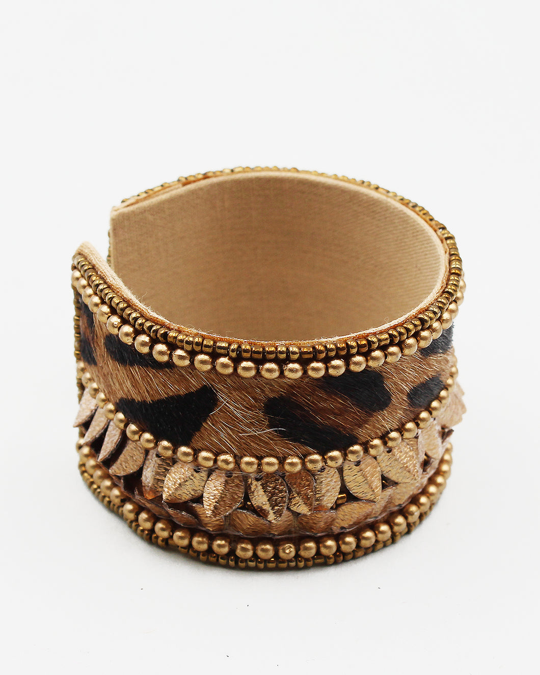 Leopard Print Calf Skin Cuff with Golden Beads