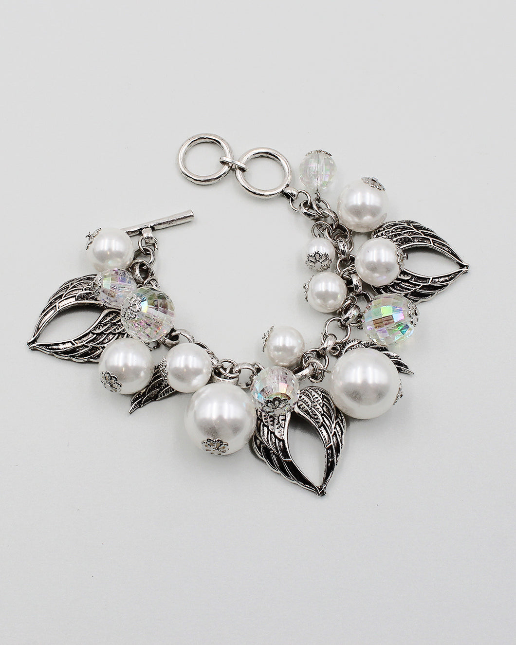 Angel Wing Charm Bracelet with Pearl Beads
