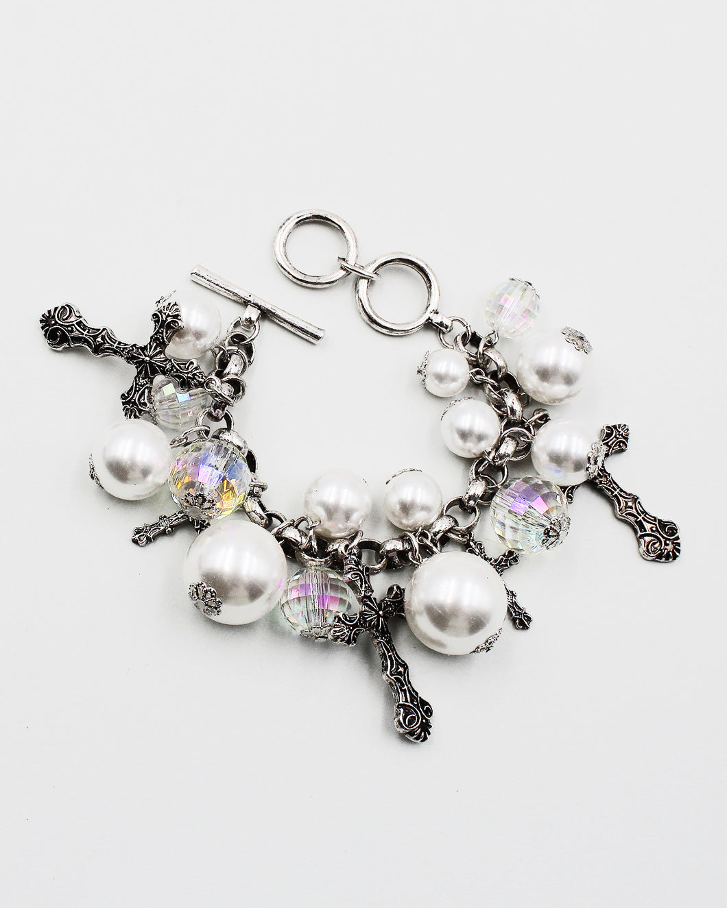 Cross Charm Bracelet with Pearl Beads