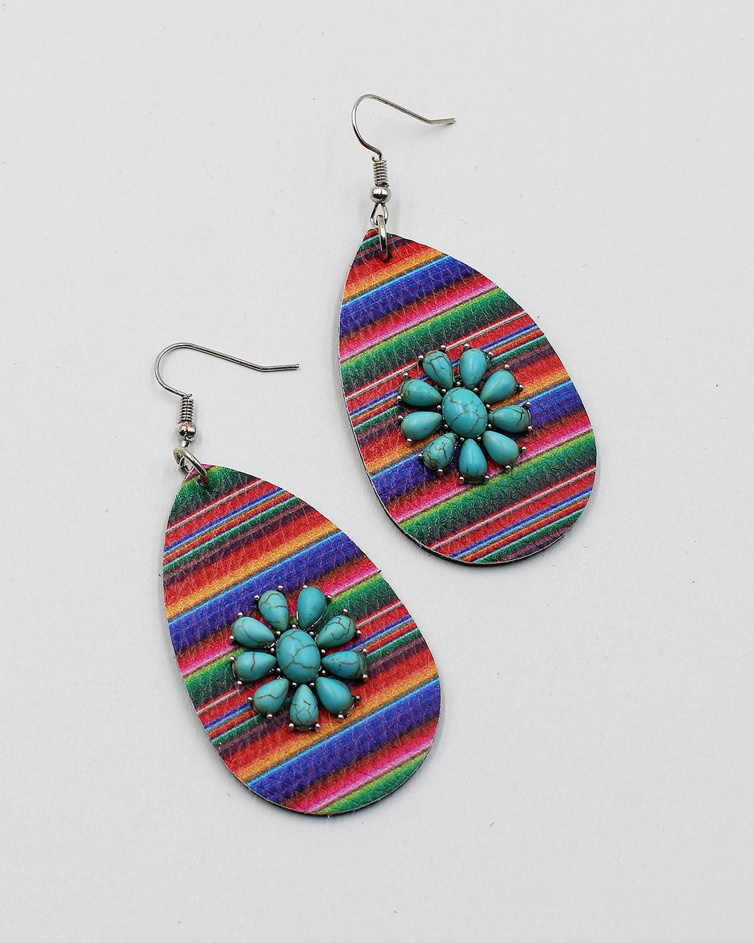 Tear Drop Leather Earrings with Turquoise Flower