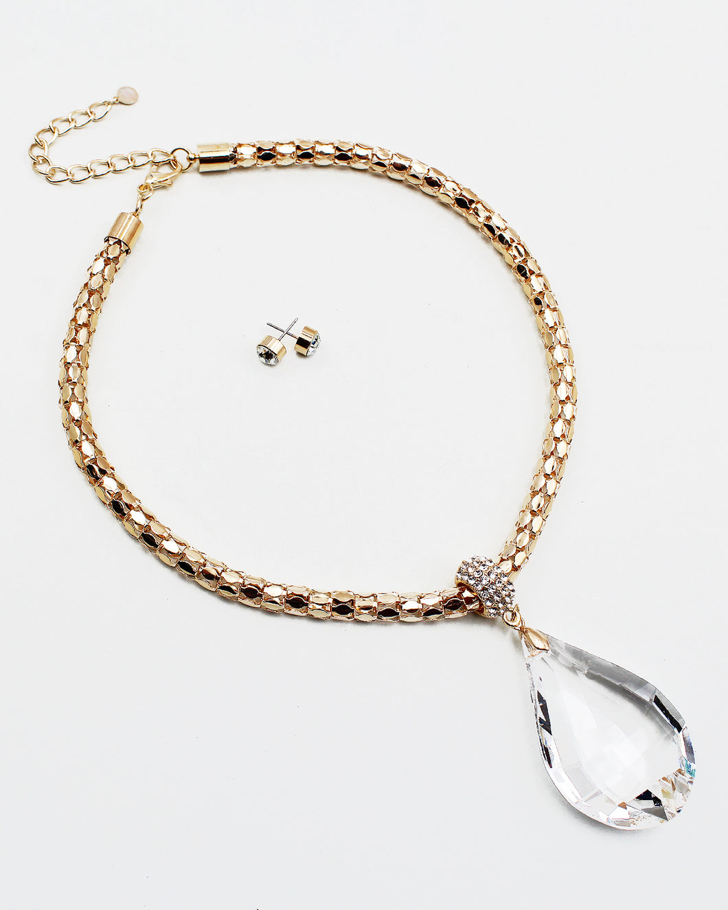 Gold Box Chain Clear Tear Drop Stone Necklace Set