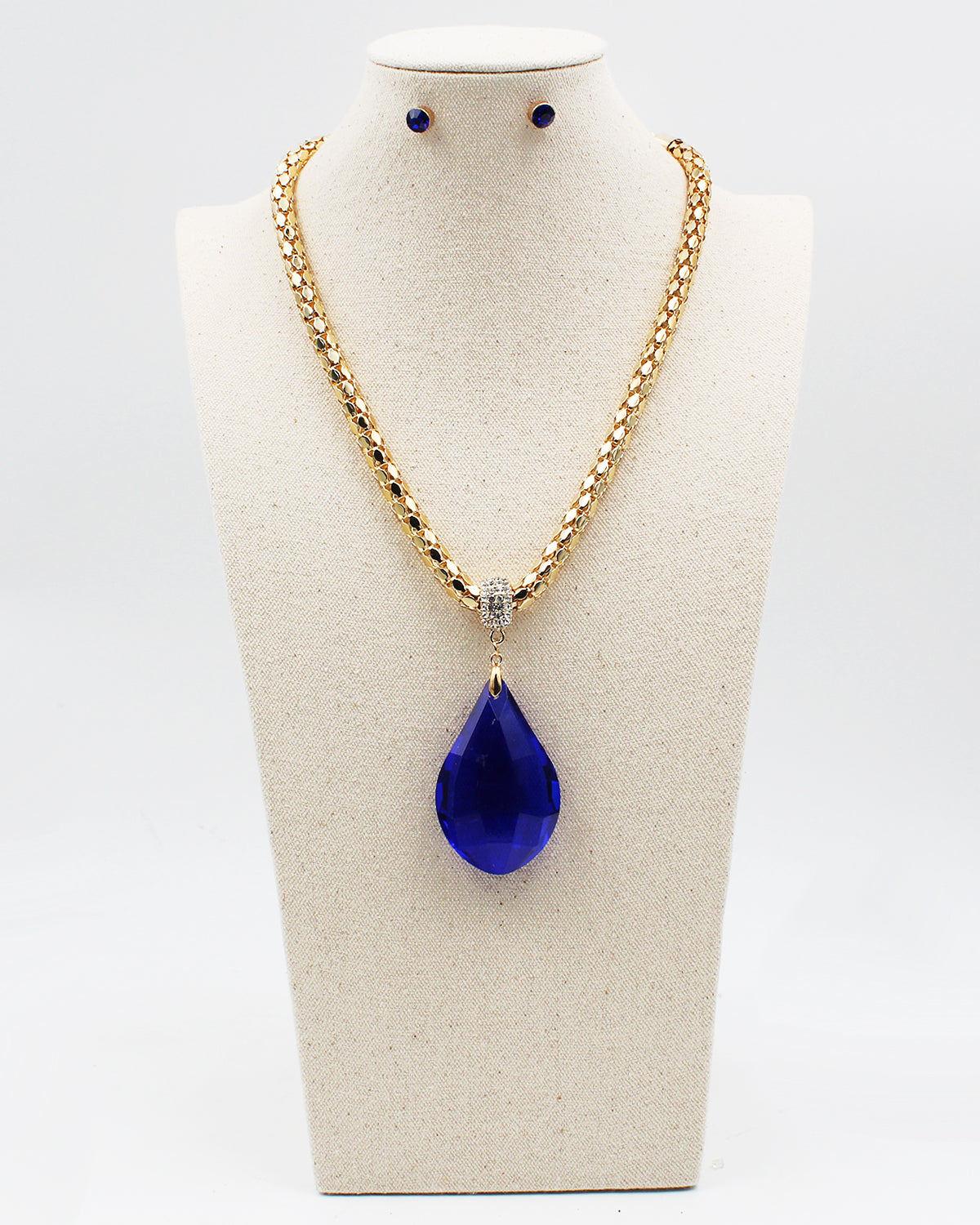 Gold Box Chain Sapphire Tear Drop Stone Necklace Set – Sam Moon